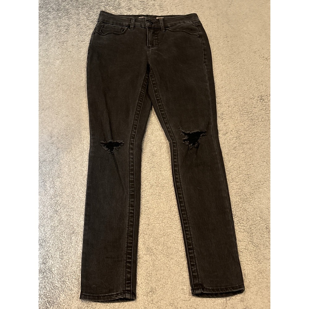 Seven7 Tummyless High Rise Skinny Jeans Black Distressed Knee Size 4